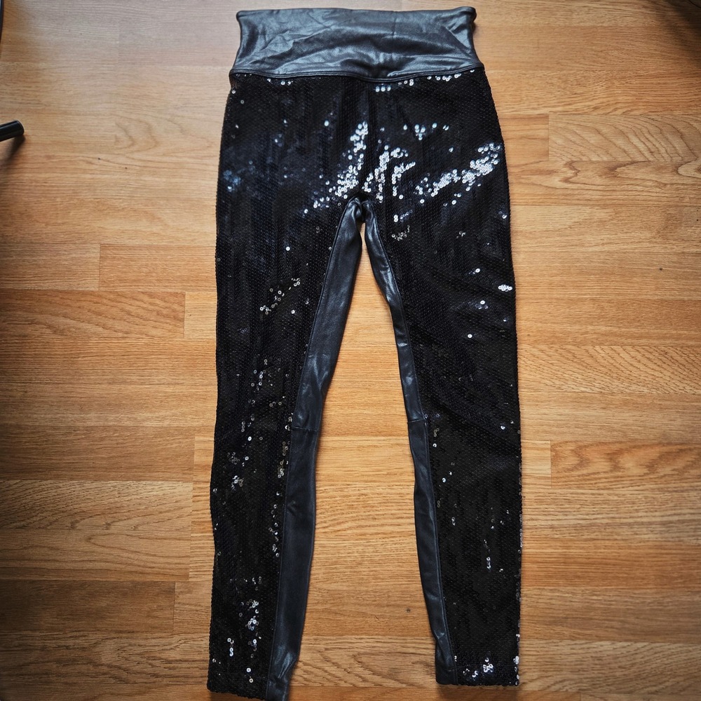 Spanx Sequin Leggings Black Faux Leather High Waist Party Glam Pants Womens M